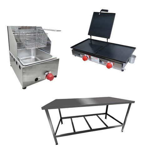 Kit Lanchonete Mesa de Manipulação 120x55cm + Fritadeira a Gás 1 Cuba + Chapa a Gás 60cm