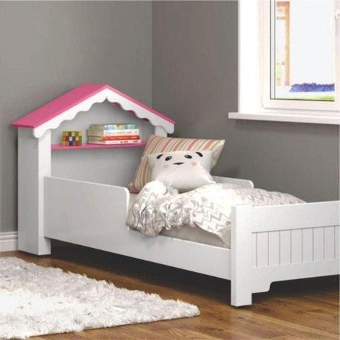 Mini Cama Infantil Casinha Princesa Branco com Rosa MDF com Grade de Proteção Casah