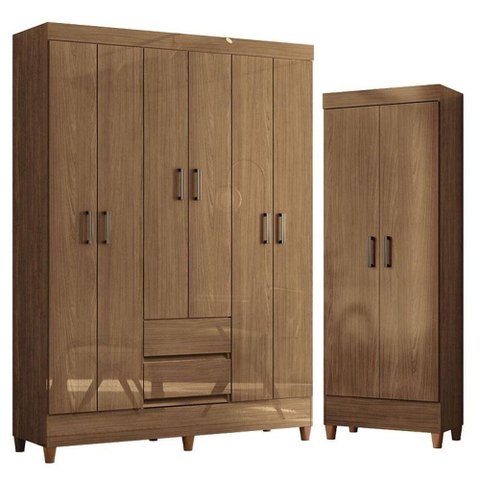 Guarda Roupa Casal 6 Portas com Pés Fit e Armário Multiuso Fit Jequitibá Acetinado - Santos Andir