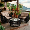 Ver imagem 3 de Jogo 2 Poltronas e Mesa de Centro Tampo de Vidro Aço e Corda Náutica Preto Aruá Assento Bege
