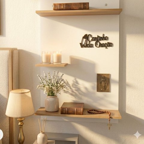 Jogo 3 Prateleiras de Parede MDF 90 x 60 Suporte Porta Quadros, Cantinho da Oração Amadeirado com