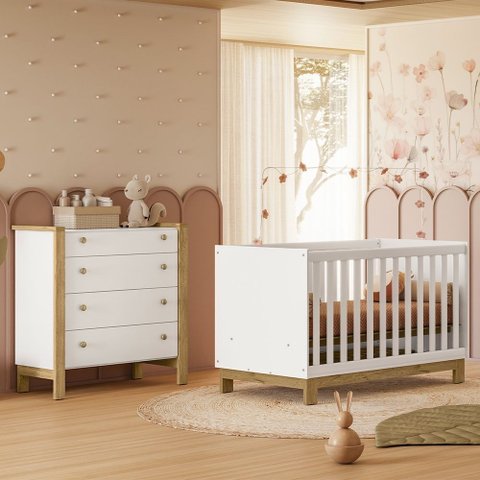 Quarto de Bebê com Berço Mini Cama Slim e Cômoda Flora Branco Acetinado Qmovi