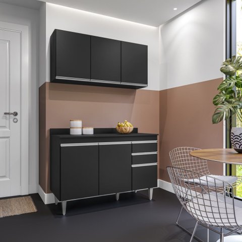 Kit de Cozinha Melissa 120cm 6 Portas 2 Gavetas com Tampo Preto Maderatto Móveis