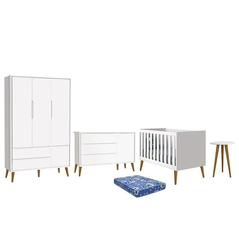 Dormitório Infantil Theo Retrô 3 Portas, Cômoda 1 Porta, Berço, Mesa de Apoio Branco com Pés Amadeir