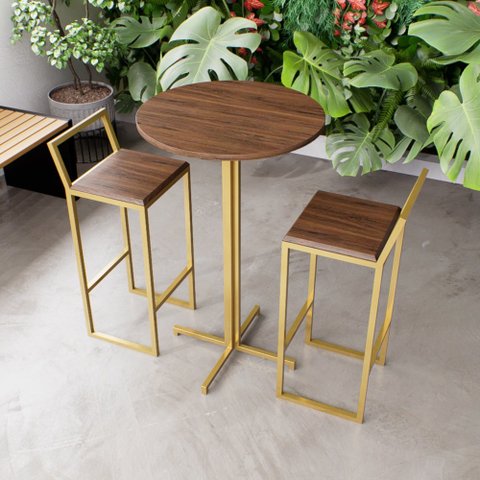 Jogo Mesa Alta Bistrô Redonda Imbuia 2 Banquetas Imbuia Confort Industrial Dourado Don Castro Decor 