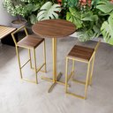Ver imagem 1 de Jogo Mesa Alta Bistrô Redonda Imbuia 2 Banquetas Imbuia Confort Industrial Dourado Don Castro Decor