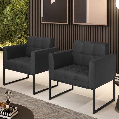 Kit 2 Poltronas Elisa Corino Base Metálica Industrial Preto - D'rossi