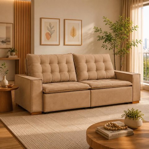 Sofa Retratil e Reclinavel 3 Lugares Chicago Veludo Capuccino Marques Estofados