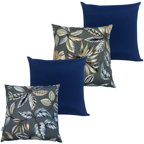 Kit 4 Capa de Almofada Belize Folhagens Fundo Cinza e Lisa Azul Impermeável 45CMX45CM