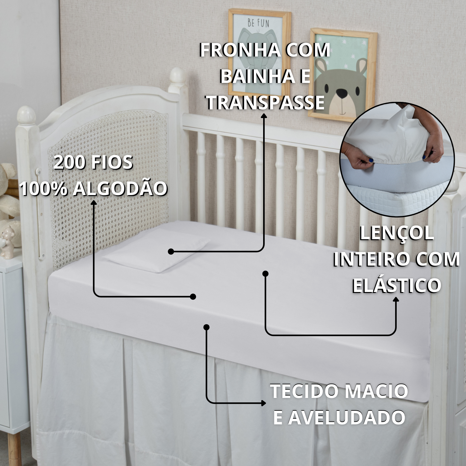 Lençol Americano 200 Fios 01 Peça 100% Algodão com Elástico Avulso de Berço Bebê:branco - 4