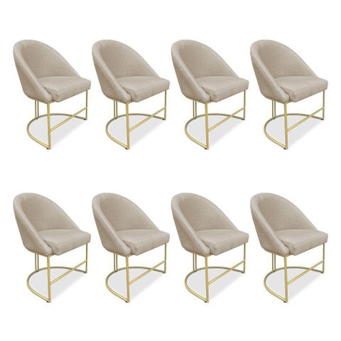 Kit 08 Cadeiras Poltrona de Jantar Bela Suede Bege Base Metálica Industrial Dourado - Pallazio