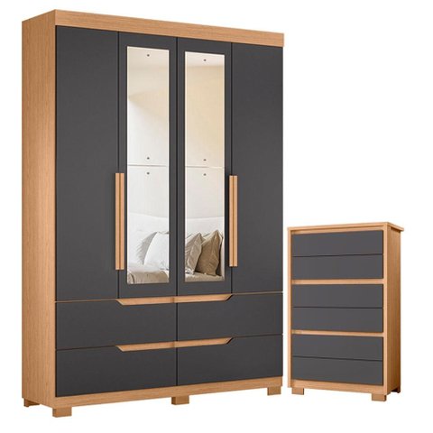 Guarda Roupa Solteiro Doble 04 Portas com Espelho e Cômoda Unno Freijo Titanium - Móveis Albatroz