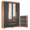 Ver imagem 1 de Guarda Roupa Solteiro Doble 04 Portas com Espelho e Cômoda Unno Freijo Titanium - Móveis Albatroz