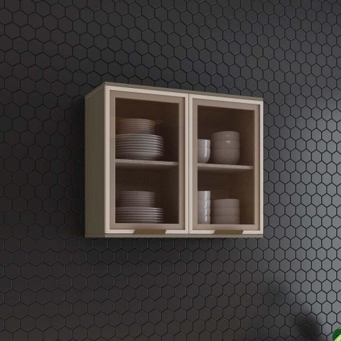Armário Aéreo de Cozinha Lora 80cm 2 Portas Vidro MDF Bater Duna Casa 812