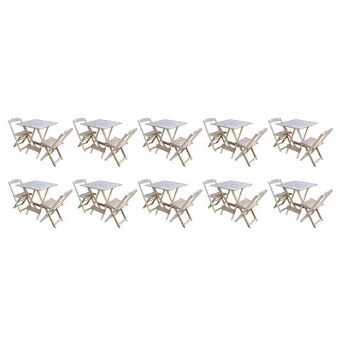 Kit 10 Conjuntos De Mesa Dobravel Com 2 Cadeiras De Madeira 70X70 - Sem Pintura - Marrom