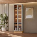 Ver imagem 4 de Cristaleira Decorativa Portas em Vídro Mdf Solari 70cm com Roda Pé Luminária Led Jequitibá/gris Fosc
