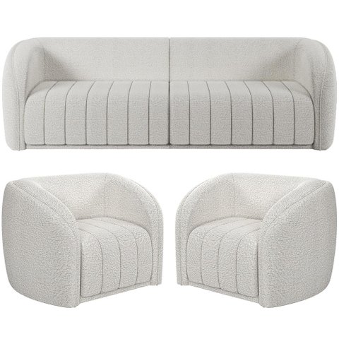 Kit Sofá 4 Lugares para Sala 252cm com 02 Poltronas Lazio M03 Bouclê Branco - Lyam Decor