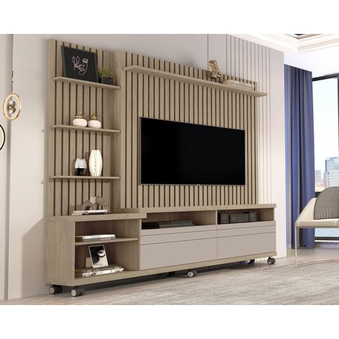 Estante e Home Theater Ripado para TV até 60 Polegadas MDF 180x190cm Rodízios Nobre