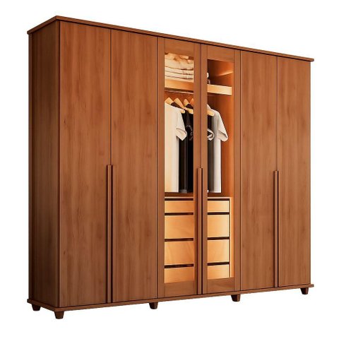 Guarda Roupa Casal Belgica 5 Gavetas MDF-MDP Carvalho Tapajós com LED RV Móveis