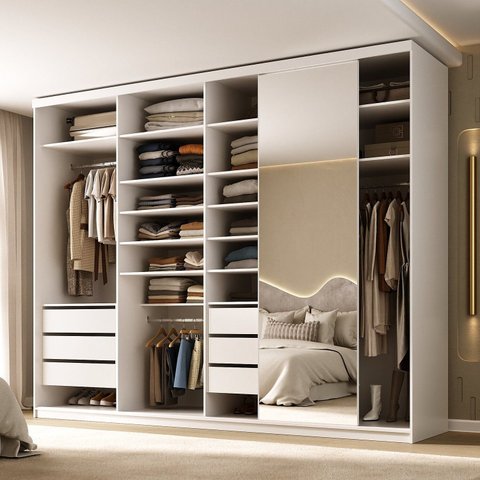 Guarda-Roupa Closet Casal 100% MDF BP 277,7cm com 1 Porta Espelho 6 Gavetas Sion Branco