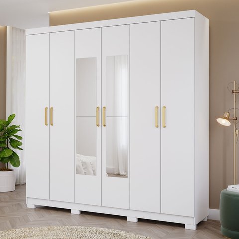 Guarda-Roupa Casal 6 Portas 3 Gavetas Kit 4 Espelhos e 8 Pés 199cm 100% MDF Clara Branco