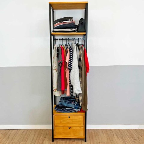 Arara de Roupas Middle Style Industrial Slim com 1 Gaveteiro Nozes e Preto