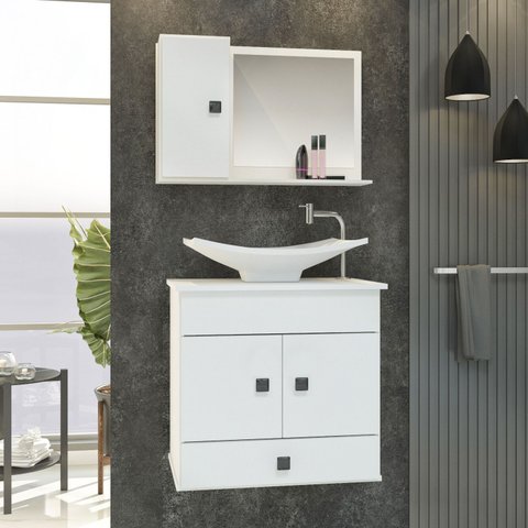 Conjunto Pequim Mdf Gabinete Banheiro com Espelheira e Cuba:branco