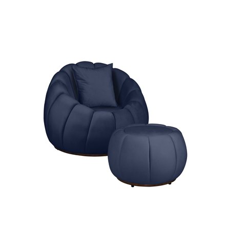 Kit Poltrona Decorativa C/puff Concha Veludo Azul Marinho - Montanaris Decor