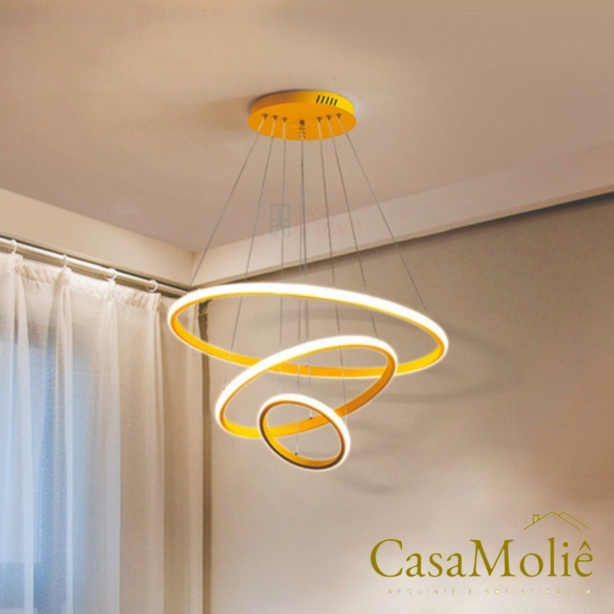 Lustre Led Moderno Pendente Dourado C/ Controle 60cm 89w - 3