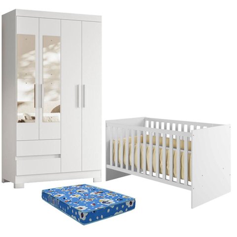 Berço Nacional Life 2186 com Colchão Ortobom com Guarda Roupa Olimpia com Espelho Branco Flex - Móve