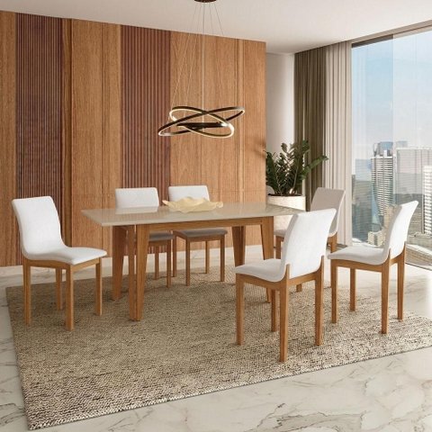 Mesa de Jantar BELLA180X90CM Cinamomo Off White com Kit 6 Cadeiras Bella Veludo Palha-Valdemovéis