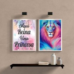 Kit 2 Quadros Leão Galaxia Aqui Reina Uma Princesa 24x18cm:Madeira preta - 2