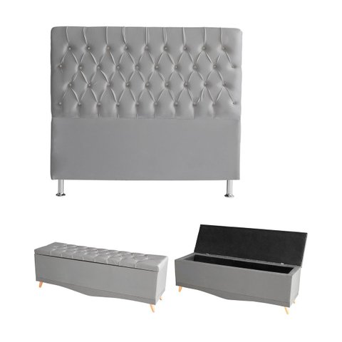 Kit Estrela Cabeceira de Cama Box e Calçadeira Baú Pés Palito Botão Cristal Casal 140 Cm Suede Prata