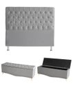 Ver imagem 1 de Kit Estrela Cabeceira de Cama Box e Calçadeira Baú Pés Palito Botão Cristal Casal 140 Cm Suede Prata