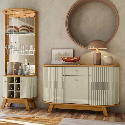 Conjunto Buffet e Cristaleira Porta Curva Pés Palito LED Cumaru/Opala Monza e Marina