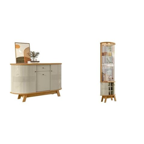 Conjunto Buffet e Cristaleira Porta Curva Pés Palito LED Cumaru/Opala Monza e Marina