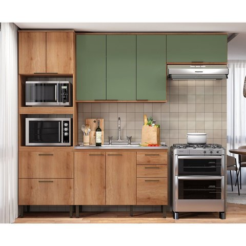 Cozinha Modulada 100%MDF 4 Peças Torre Quente e Balcão sem Tampo Yescasa Freijó/Verde Sálvia Princess