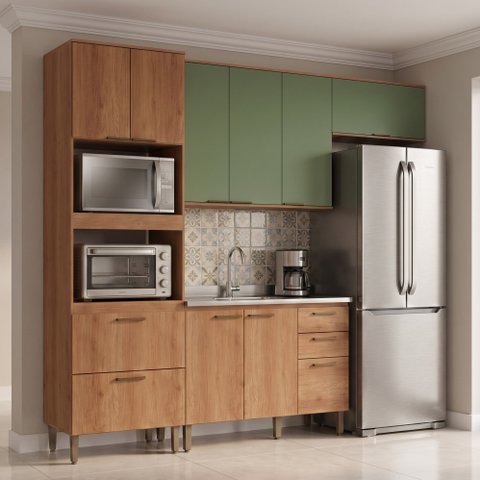 Cozinha Modulada 100%MDF 4 Peças Torre Quente e Balcão sem Tampo Yescasa Freijó/Verde Sálvia Princess