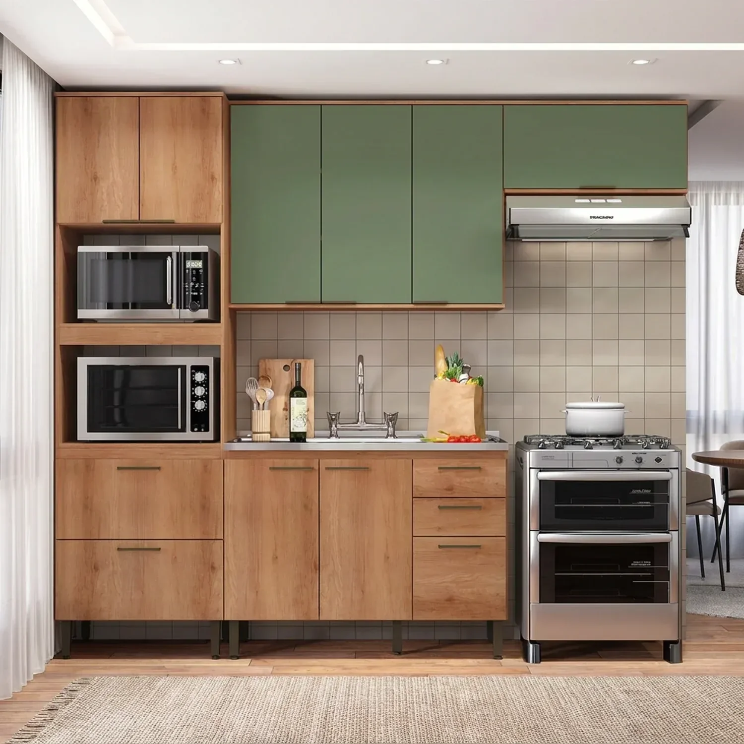 Cozinha Modulada 100%MDF 4 Peças Torre Quente e Balcão sem Tampo Yescasa Freijó/Verde Sálvia Princess