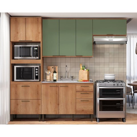 Kit Cozinha 4 Peças 271cm em MDF Princess Yescasa Freijó e Sálvia