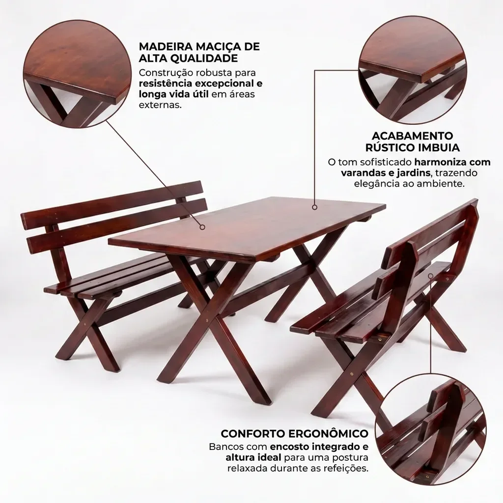 Ver imagem 4 de Mesa para Área Externa com 2 Bancos Madeira Maciça 200cm Kit Churrasco Yescasa Imbuia