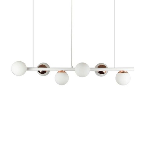 Lustre Pendente Figo Branco / Cobre - 6 Globos Esfera de Vidro Branco