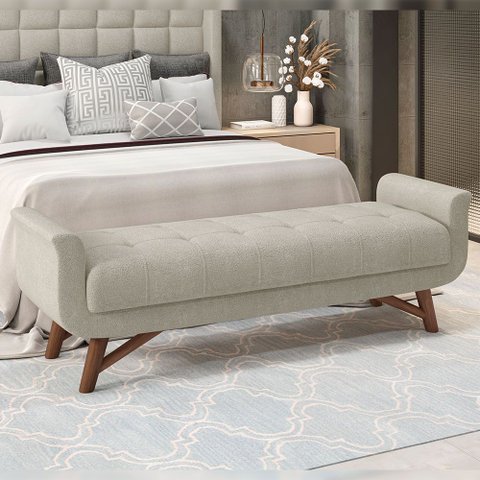 Puff Recamier Decorativo com Pés em Madeira 140 cm Itália Bouclê Creme - Lyam Decor