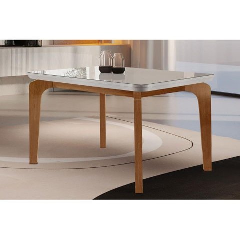 Mesa de Sala Jantar Londrina + Tampo Madeirado Vidro Curvo 120x80cm Off White/imbuia-vidro Off White