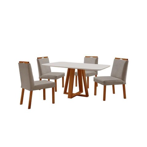 Conjunto Sala de Jantar Mesa Floripa 120x80cm Off White com 4 Cadeiras Pérola Veludo Cinza