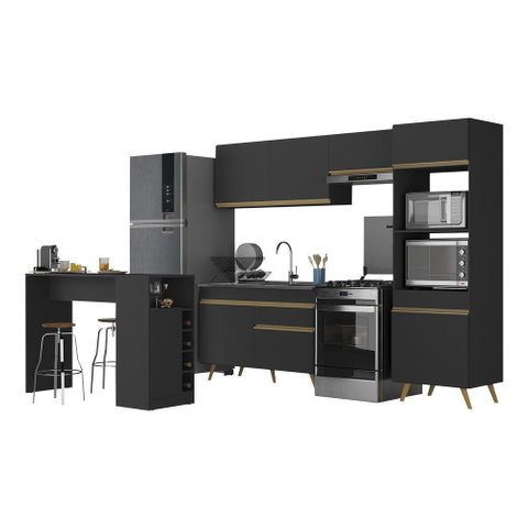 Armário de Cozinha com Bancada-mesa Gourmet Veneza Multimóveis Mp2174 Preto-dourado Preto-dourado