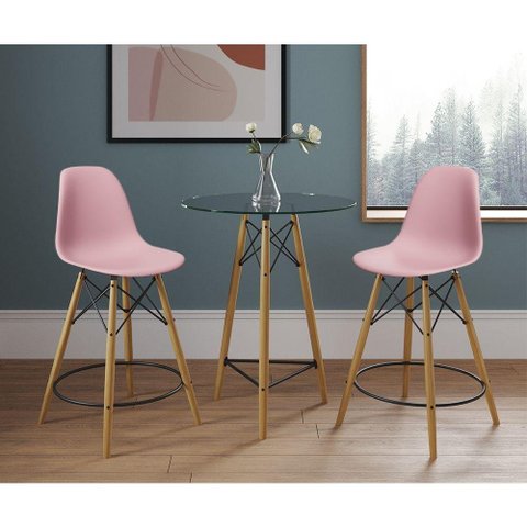 Mesa Bistrô Eames Eiffel Vidro Com 2 Banquetas Rosas De Madeira - Cor: Rosa
