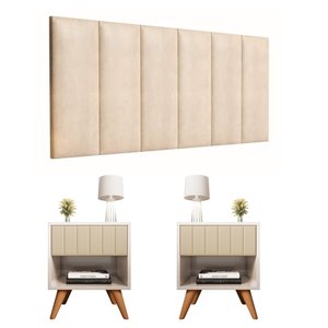 Kit 1 Cabeceira 1.60Cm 2 Mesa de Cabeceira Glamur Perola  Decor Pé Madeira Gaveta Estofada