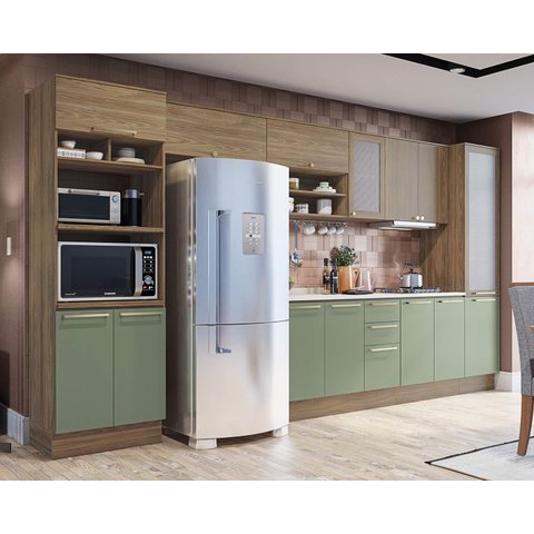 Armário de Cozinha Modulada Completa Reta 9 Peças 4,00m Botanic Kappesberg - Nogueira/verde Oliva