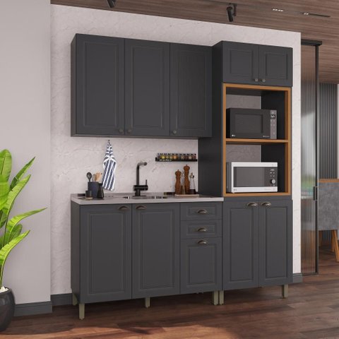 Armário de Cozinha Modulada Compacta Fidelitá Nara 100% MDF 3 Peças 190cm 10 Portas 2 Gavetas sem